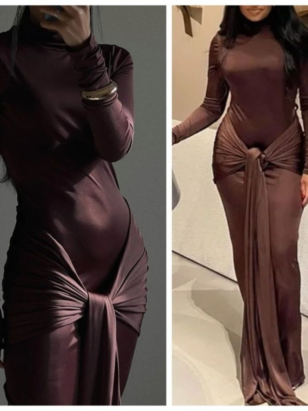 Helsa Studio Brown Slinky Jersey Sarong Long Sleeve Maxi Dress size XS